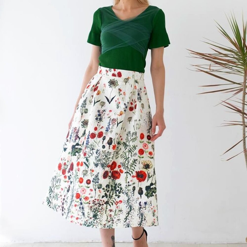 Multi Floral Print Embossed Midi Skirt